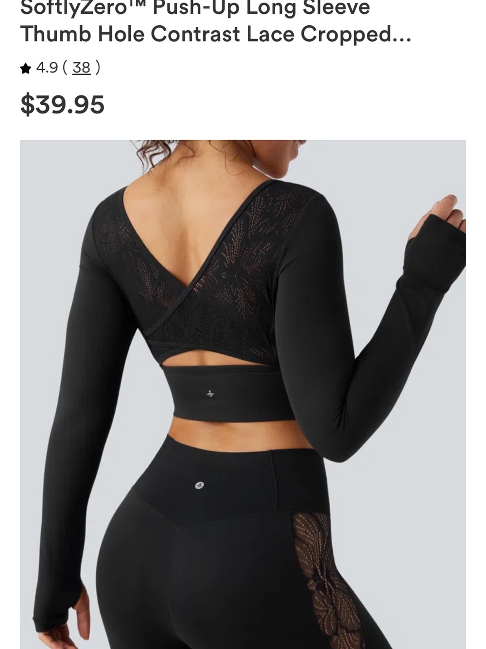 HALARA Black Lace-Back Push-Up Long Sleeve Crop Top